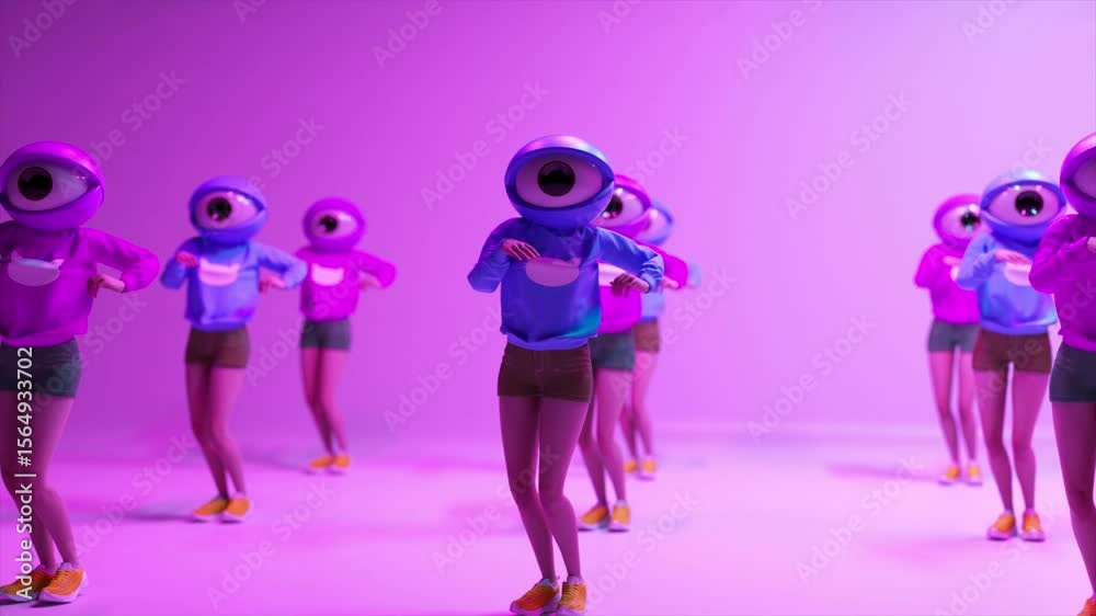 Cartoon characters with oversized eye-shaped heads performing dynamic dance routine on illuminated stage. Creating surreal visual experience through vibrant 3d animation and imaginative choreography