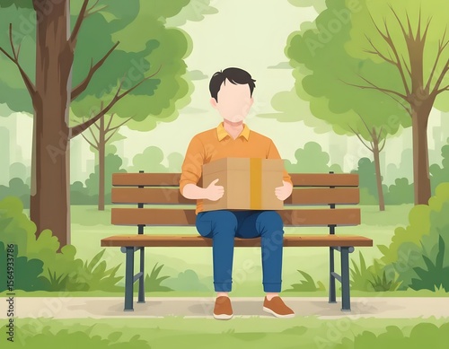 A man sitting on a park bench holding a cardboard box with trees and grass in the background view art