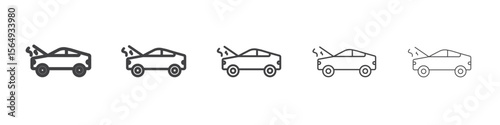 Broken car with open hood icon Line graphics illustration symbol