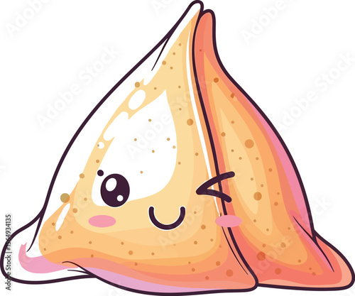 Illustration of a cute samosa with a winking expression on white background