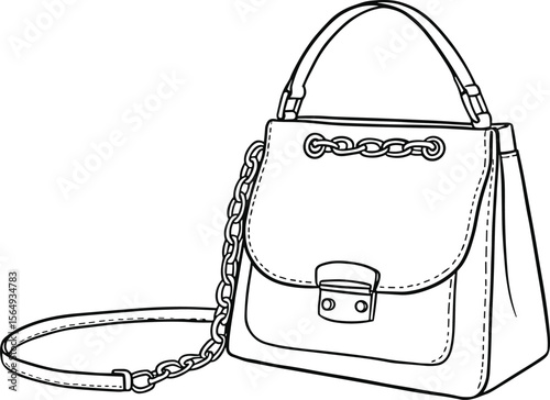 Handbag sketch design, fashion purse illustration, leather bag outline, stylish women’s handbag, top handle purse, front pocket detail, trendy bag drawing, chain strap bag, accessory fashion artwork