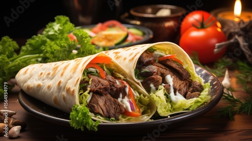 Delicious shawarma served on wooden board on table in cafe with sauce generative AI