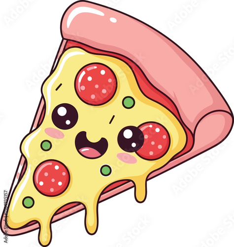 A cartoon pizza slice with pepperoni and green toppings on a white background