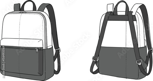Modern backpack design illustration, front and back view, flat vector style, school bag mockup, fashion accessory concept, travel bag graphic, unisex backpack template, minimal and functional layout