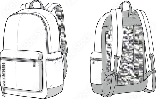 Modern backpack front and back view sketch, technical design illustration, travel and school bag concept, detailed straps and mesh back