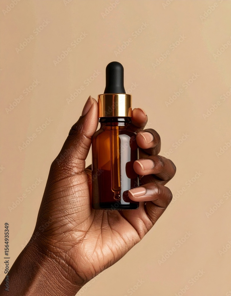 Naklejka premium Hand Holding Amber Glass Dropper Bottle Skincare Serum