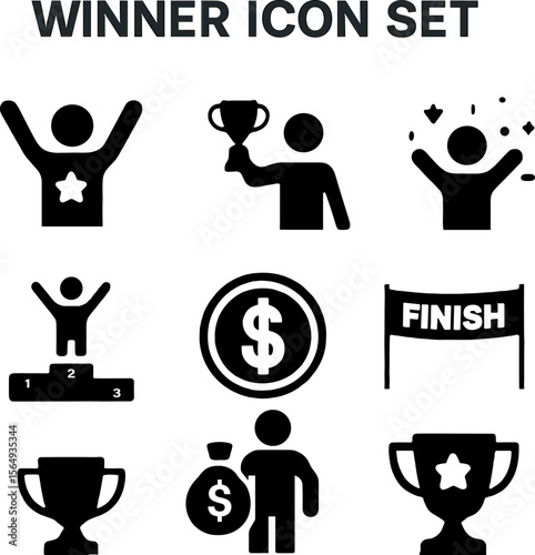 Winner icon set featuring trophies, people, and award symbols  