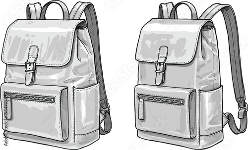 Modern flap-top buckle backpack sketch front and rear view