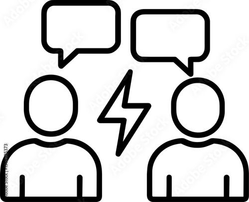 Two people communicating with speech bubbles and lightning symbol  