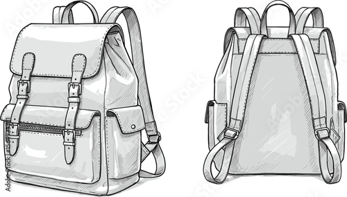 Modern flap-top buckle backpack sketch front and rear view