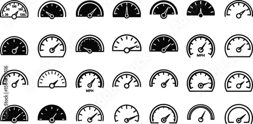 Speedometer icon, gauge symbols, meter illustrations, needle indicator vector collection, dashboard element vehicle graphic, measuring tools, speed display,
