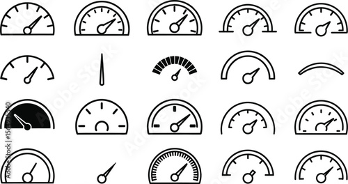 Speedometer icon, gauge symbols, meter illustrations, needle indicator vector collection, dashboard element vehicle graphic, measuring tools, speed display,