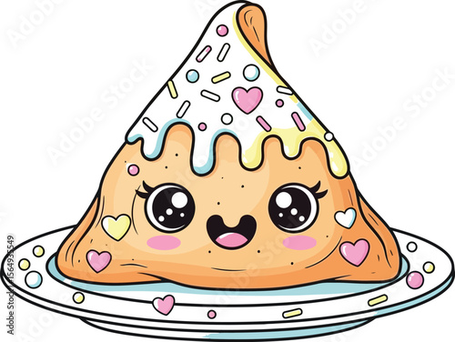 Cartoon samosa with kawaii face and colorful toppings on a plate isolated