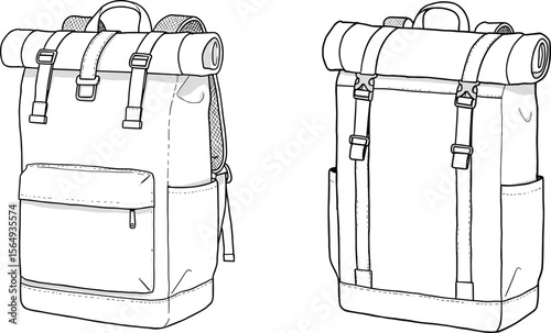 Modern roll top backpack sketch, minimalist travel bag design, stylish urban rucksack illustration, outdoor gear line art drawing