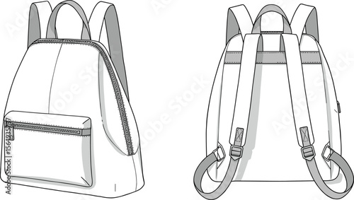 Modern women's backpack drawing, sleek fashion bag with front zipper, elegant travel backpack sketch, casual daypack design illustration