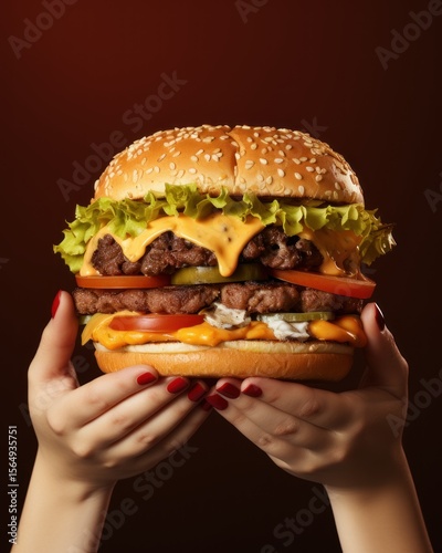 Closeup of female hands holding tasty cheeseburger with beef patty and vegetables