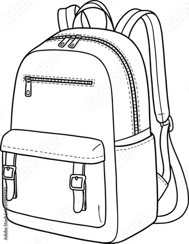 Modern zipper backpack illustration, stylish school bag sketch, casual travel daypack drawing, minimal design student bag with side pockets