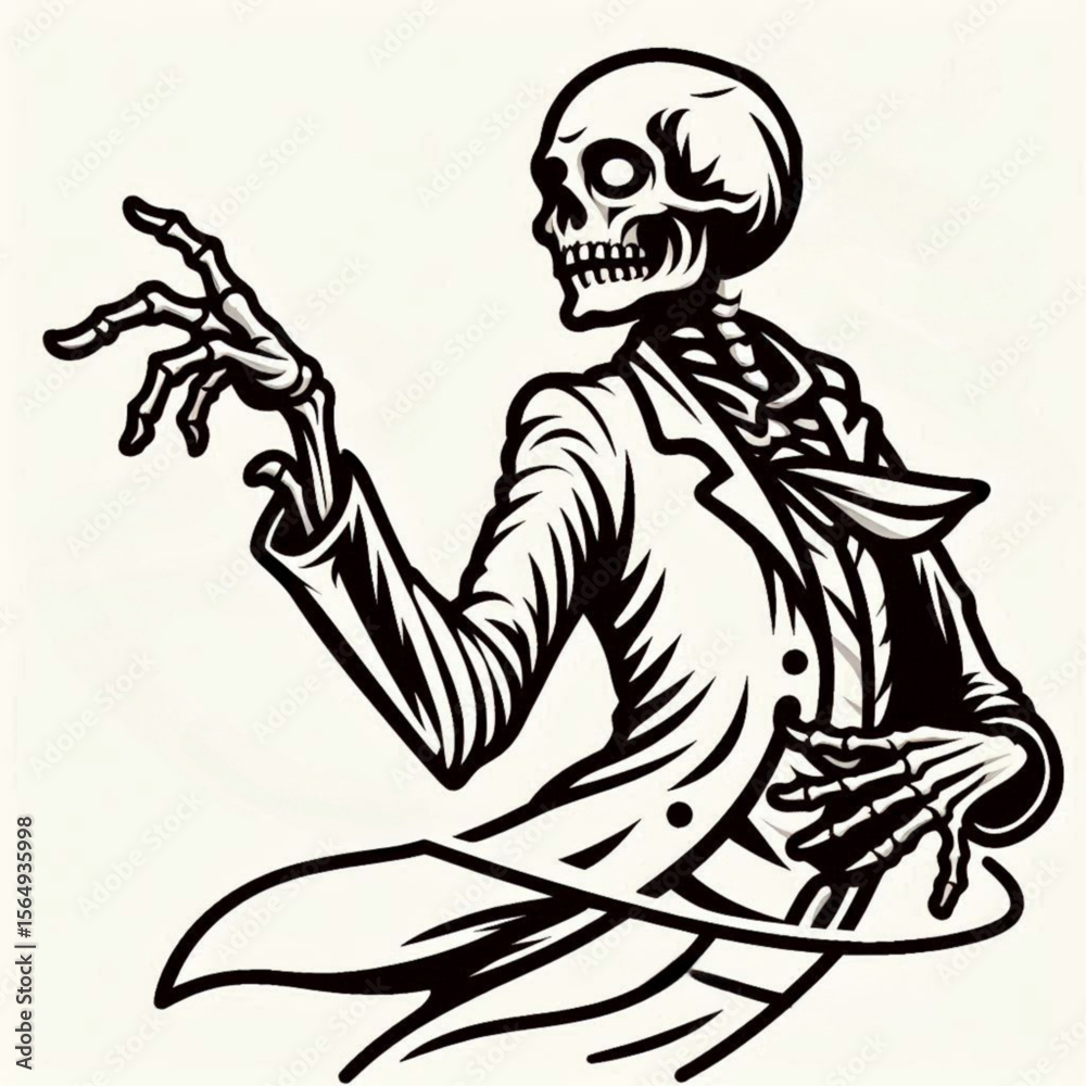 Fototapeta premium Skeleton in a suit gesturing dramatically in black outline vector style 