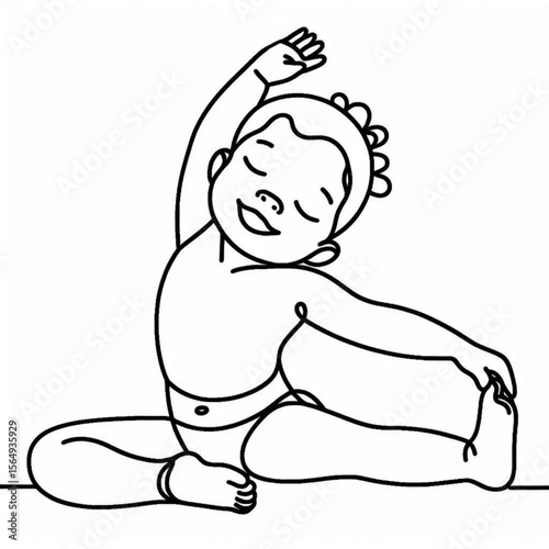 Happy child stretching with one arm raised in single line outline vector  