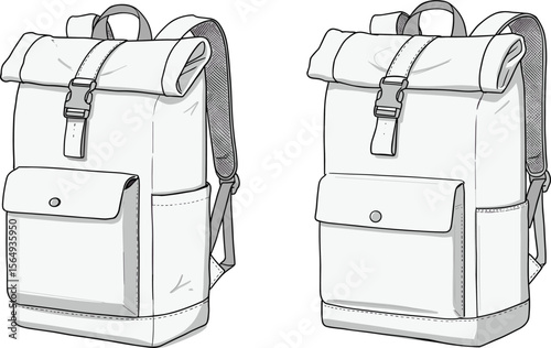 Stylish roll top backpack illustration, front pocket travel bag sketch, modern rucksack design drawing, minimalist outdoor gear line art
