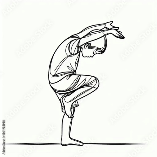 Child practicing yoga pose with focus in minimal outline style - Concept of single line outline vector  