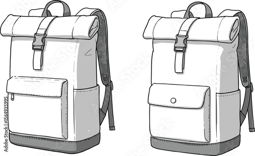 Stylish roll top backpack illustration, front pocket travel bag sketch, modern rucksack design drawing, minimalist outdoor gear line art