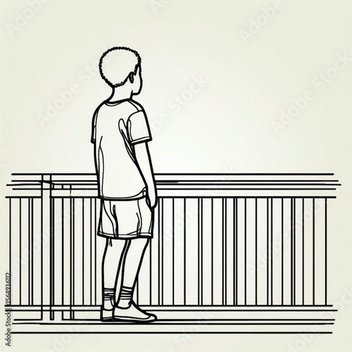 Young boy standing at the railing looking contemplative in outline style Concept of single line outline vector  