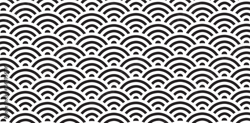 Black and white intersecting repeating circles pattern. Japanese style circles seamless background. Modern spiral abstract geometric wavy pattern, overlap circle. Set of wave ornaments.