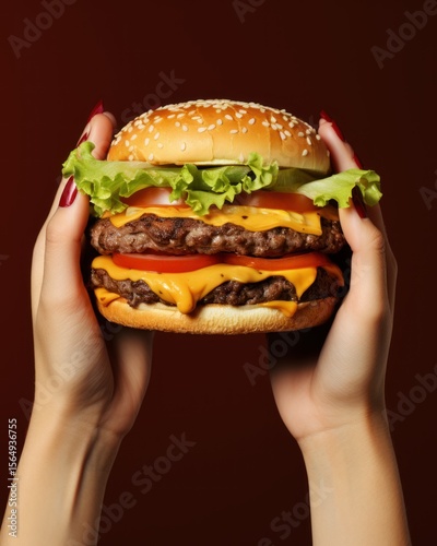 Closeup of female hands holding tasty cheeseburger with beef patty and vegetables