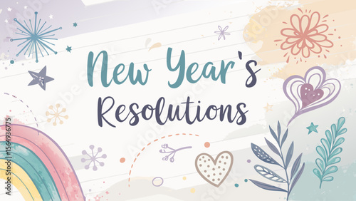 Vector Soft pastel watercolor New Year’s resolutions background with handwritten motivational text and copy space