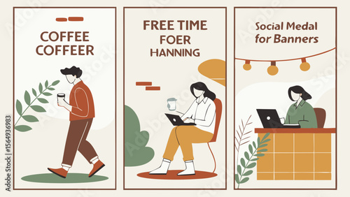 Illustration of a woman enjoying coffee and working on a laptop in a cozy, stylish setting.