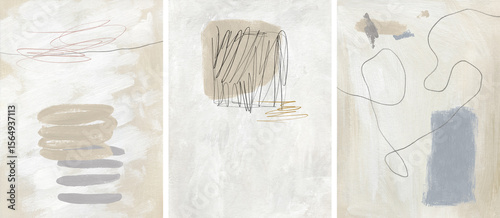 Canvas-taulu Modern set of abstract neutral backgrounds with hand-drawn lines and geometric shapes, painted in white, beige, gray, and pastel tones