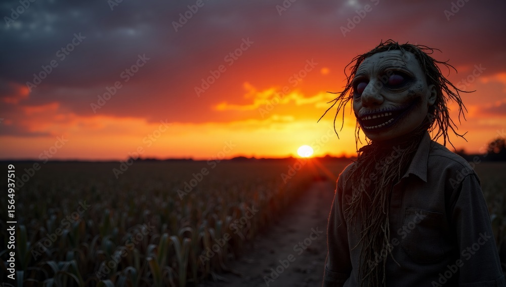Fototapeta premium Scary figure in mask standing in field at dramatic sunset for Halloween