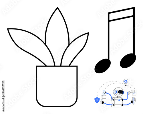 Potted plant, musical note, and robot manipulating documents represent harmony between nature, technology, and creativity. Ideal for sustainability, AI innovation, productivity, music