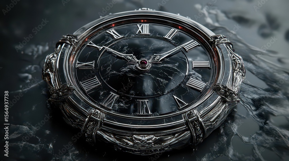 Fototapeta premium Ornate Clock: Dark Marble, Silver Accents