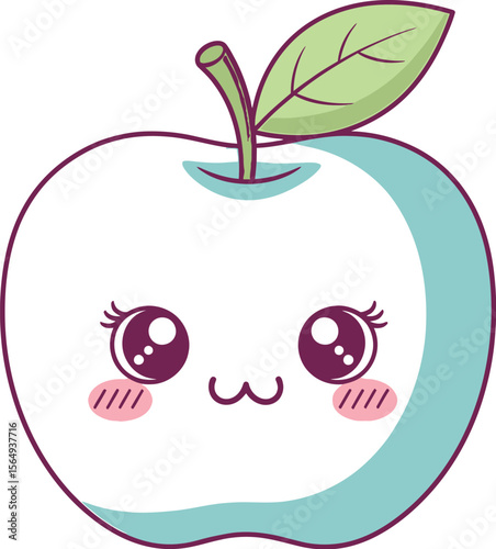 A cartoon apple with a cute face and a leaf on a white background art