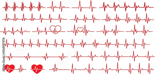 Red heartbeat line collection with heart symbol, cardiology, medical pulse, ECG, EKG design, healthcare clipart vector illustration, health monitoring, digital heartbeat 