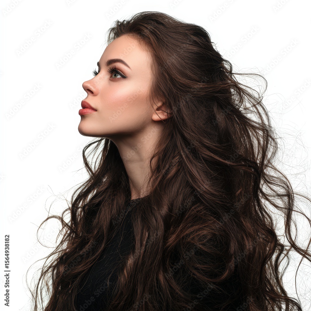 Naklejka premium Stunning brunette with long, flowing hair. Perfect for beauty, haircare, and fashion. Ideal for websites, magazines, and advertisements.