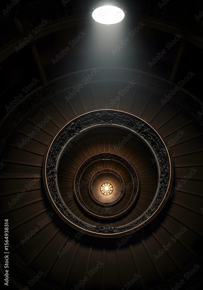 Fototapeta premium Spiral staircase in low light with a light source in the center.