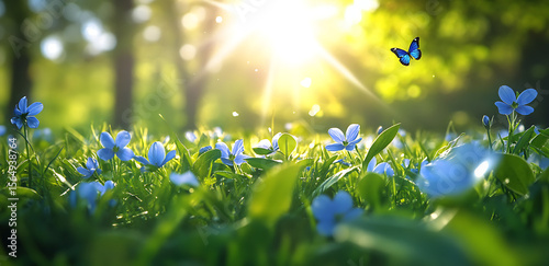 Beautiful spring meadow with blue flowers and green grass, blurred background of trees in the distance, sun rays shining through the leaves, butterflies flying around, ample space for text or a logo.
