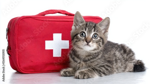 Cat Emergency. First Aid Kit and Cute Cat on White Background for Animal Care
