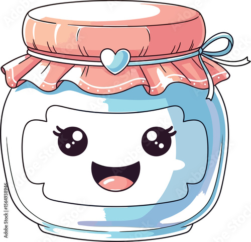 Cartoon jar with a pink lid and a cute face on a white background image