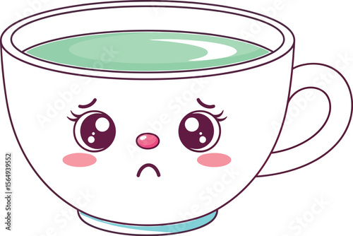 A sad pink teacup with green liquid and cartoon eyes on a white background