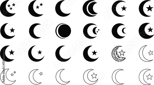 Crescent moon icon collection features varied crescent designs with stars, decorative patterns in black. Perfect moon vector set for celestial themes, spiritual designs, or astronomical projects