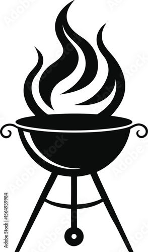 Black Silhouette BBQ Grill with Flames Vector

