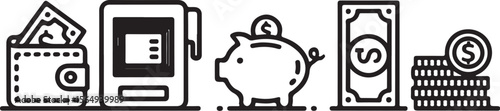 Piggy Bank and Dollar Bill Vector Icons | Money Savings Line Set

