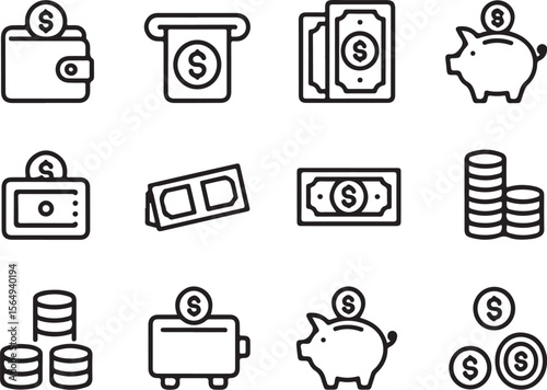 Piggy Bank and Dollar Bill Vector Icons | Money Savings Line Set

