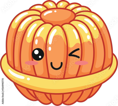Illustrated orange jelly dessert with a cute face and a winking expression