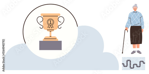 Elderly woman with cane stands near winding path and trophy symbolizing life journey, persistence, success. Ideal for resilience, aging, achievement, inspiration, determination, perseverance life