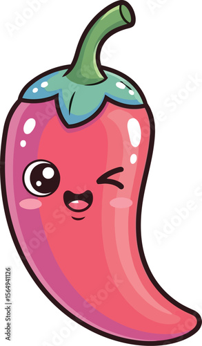 Illustration of a red chili pepper with cartoon eyes and a winking face